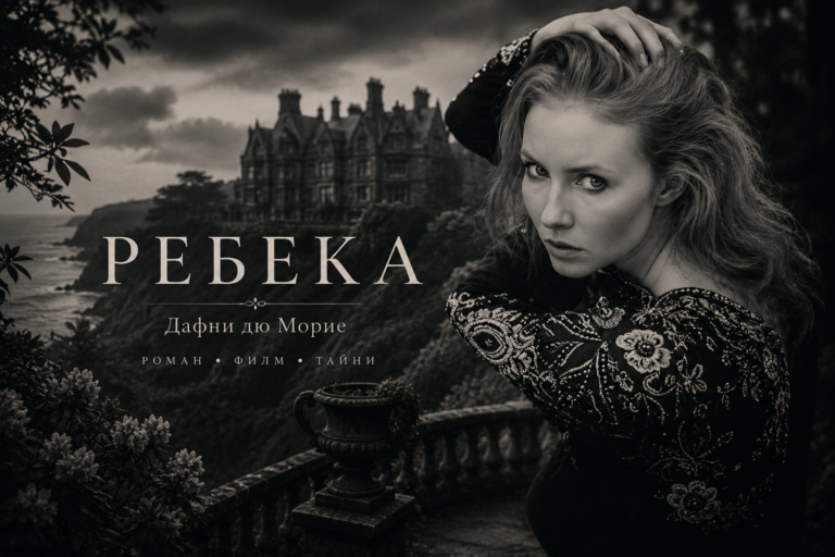 Черно-бяла илюстрация към „Ребека“ на Дафни дю Морие – загадъчна жена пред мрачното имение Мандърли на морския бряг