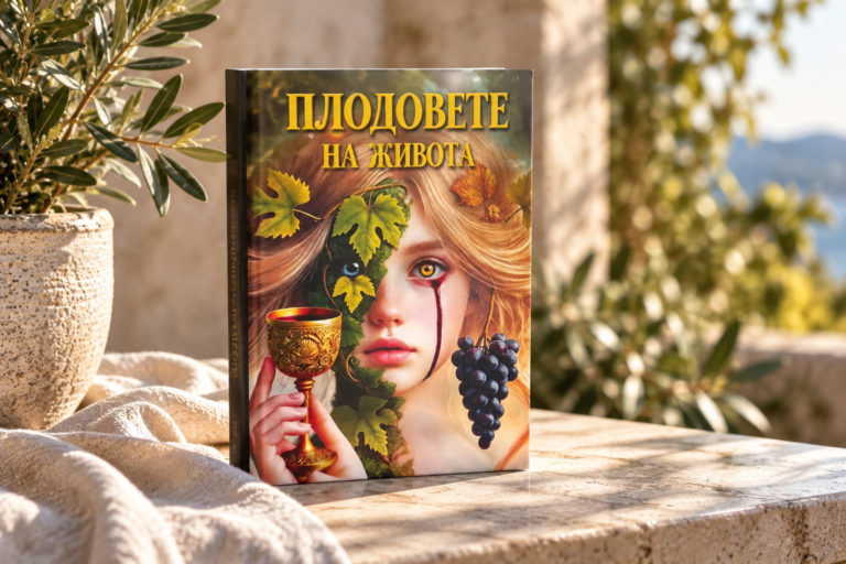 Книга върху маса със заглавие "Плодовете на живота"
